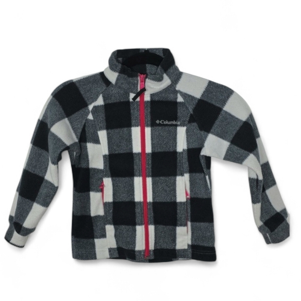 COLUMBIA Fleece Jacket Plaid Girls 6/6X Full Zip Black Gray White